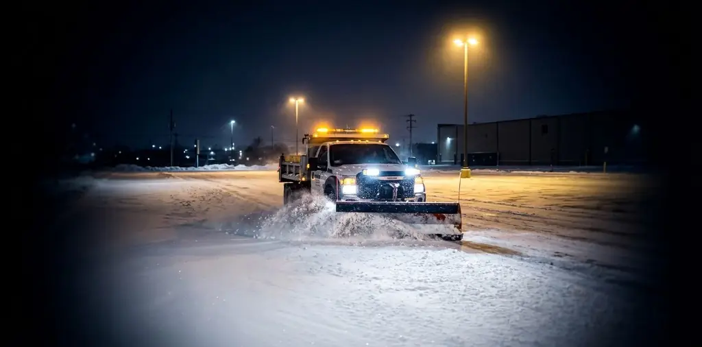 Snow plow truck clearing a commercial parking lot at night under lot lights