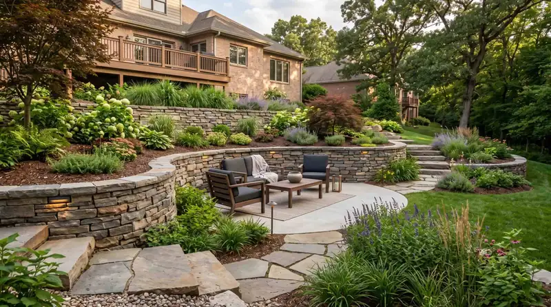 Tiered stacked-stone retaining walls holding back planted garden beds above a patio