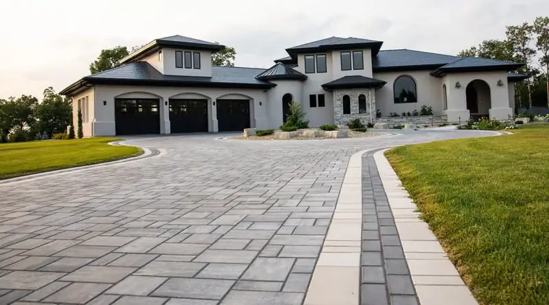 Interlocking concrete paver driveway with a contrasting border in front of a house