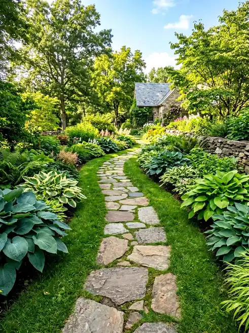 Flagstone walkway winding through a planted garden toward a house