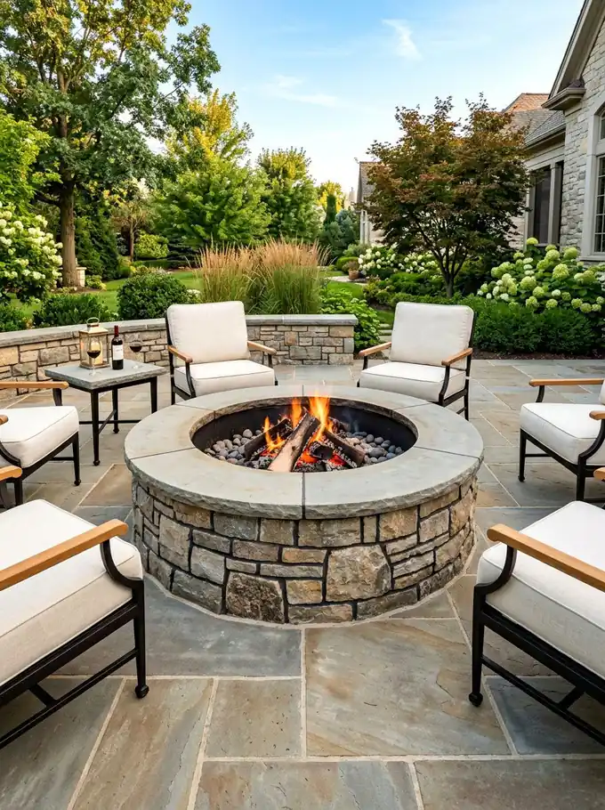 Round stone fire pit with seating on a flagstone patio at dusk